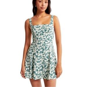 Abercrombie & Fitch Dress Mini Square Neck LARGE TALL Foral Sleeveless Teal EUC